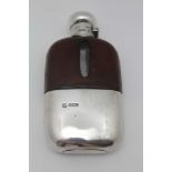 FREDERICK C. ASMAN & CO., AN EDWARDIAN SILVER & LEATHER COVERED GLASS HIP FLASK, turn cap and