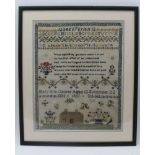 A MID-19TH CENTURY CROSS STITCH NEEDLEWORK SAMPLER features a house, pots of plants, text &