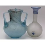 TWO GLASS VASES OF CLASSICAL FORM, one in pale blue having three handles of Tyg form 24cm high,
