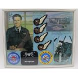 A FRAME CONTAINING ITEMS OF BOMBER COMMAND INTEREST, half-wing badges for Radio Operator, Air