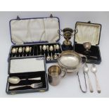 A QUANTITY OF HALLMARKED SILVER to include a cased set of twelve coffee spoons, with nips, and two