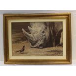 AFTER ALAN HUNT A signed limited edition canvas print of a Rhinoceros watching a bird, titled '