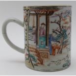 AN 18TH CENTURY CHINESE PORCELAIN TANKARD of cylindrical form, painted with figures hunting in a