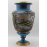 A FRENCH PORCELAIN VASE OF URN FORM, blue ground, painted in the round with an extensive landscape