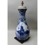 A BALUSTER FORM DELFT VASE, hand painted Dutch landscape decoration, converted to a table lamp, on