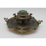 A 19TH CENTURY FRENCH GILT BRONZE INKSTAND, having inset malachite roundels, central lidded well,
