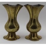A PAIR OF LATE 19TH CENTURY BRASS VASES of Ecclesiastical Hardman style, flared rims and