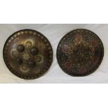 TWO OTTERMAN DESIGNED TIN PLATE SHIELDS decorated with 17th/18th century patterns, each being 58cm