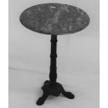 A GREEN MARBLE CIRCULAR TOPPED DRINKS TABLE on cast metal black finished column, and three paw