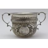 DAVID & MAURICE DAVIS, A LATE VICTORIAN SILVER TWO HANDLED PORRINGER of early 18th form, embossed