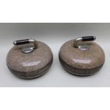 TWO TRADITIONAL SCOTTISH CURLING STONES with polished steel & wooden handles, each approx 27cm