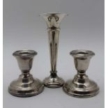 A SILVER BUD VASE OF VICTORIAN TRUMPET FORM, Birmingham 1973, 11.5cm high, together with a pair of