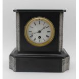 A SLATE & MARBLE CASED MANTLE CLOCK, white enamel dial with Roman numerals, fitted a Paris made 8-