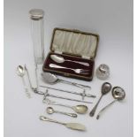 A COLLECTION OF SILVER AND PLATED MISCELLANIOUS ITEMS to include; a scallop bowl spoon with