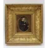 A 19TH CENTURY PORTRAIT MINIATURE WATERCOLOUR PAINTING, an elderly Gentleman in frock coat, 13cm x