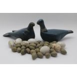 TWO EARLY TO MID 20TH CENTURY CARVED WOOD & PAINTED DECOY PIGEONS, together with a quantity of