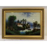 A REVERSE GLASS PAINTING 'Ferry to the Ruin', river landscape, most probably late Victorian, 39cm