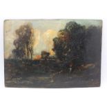 LATE 19TH CENTURY CONTINENTAL IMPRESSIONIST SCHOOL 'Landscape Sunset', oil painting on board, 40cm x