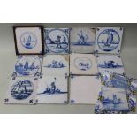 A COLLECTION OF TWELVE VARIOUS DELFT TILES, underglaze blue painted decoration, includes sail