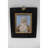 AN EARLY 19TH CENTURY MINIATURE PORTRAIT PAINTING, a Gentleman in powdered wig and white cravat,