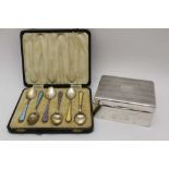 WILLIAM SUCKLING LTD., A CASED SET OF SIX SILVER GILT & ENAMEL COFFEE SPOONS (two pale blue, two