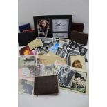 A BOX LOT OF EPHEMRA includes postcards, cigarette cards, photographs, autograph albums, etc