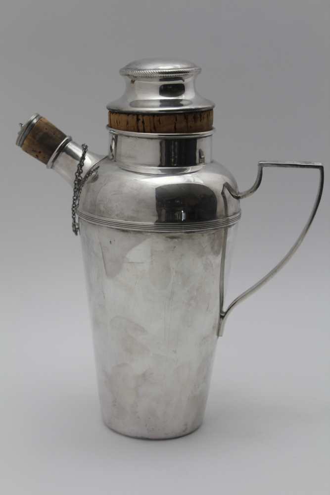 A JAMES DIXON & SONS SILVER PLATED COCKTAIL SHAKER, with handle & cork stoppers, stamped factory - Image 2 of 3