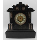 A VICTORIAN BLACK SLATE & MARBLE MANTEL CLOCK, dial with Roman numerals, 8-day chiming movement,