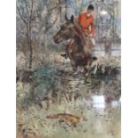 AFTER MICHAEL LYNE A signed limited edition print of a huntsman on his horse, with a fox in the