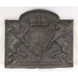 A 20TH CENTURY CAST IRON FIRE BACK depicting the Royal Cypher & initialled for King Charles