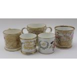 FIVE 19TH CENTURY HAND PAINTED & GILDED PRESENTATION CERAMIC TANKARDS