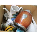 A BOX CONTAINING A WOODEN & CHROME MOUNTED BISCUIT BARREL together with pottery coffee wares, and