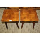 A PAIR OF WOODEN BLOCK TOPPED SQUARE OCCASIONAL TABLES / STOOLS