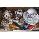 A BOX CONTAINING A SELECTION OF 19TH CENTURY FLORAL DECORATED TEA WARES, together with comports