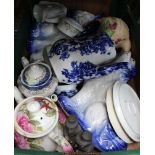 A BOX OF DOMESTIC PORCELAIN to include a pair of blue & white model dogs, in Staffordshire style