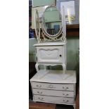 A MARIE ANTOINETTE DESIGN THREE DRAWER BEDROOM CHEST with conforming triple plate mirror, together