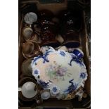 A BOX CONTAINING A SELECTION OF DOMESTIC POTTERY, to include hunting jugs, etc.