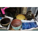 A BOX CONTAINING A SELECTION OF STUDIO TYPE POTTERY, together with an enamelled, probable Chinese