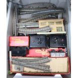A GREY CRATE CONTAINING A GOOD SELECTION OF TRIANG RAILWAY EQUIPMENT VARIOUS