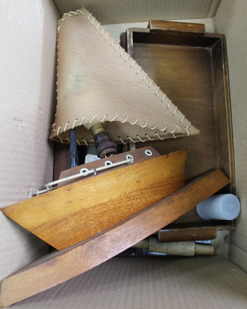 A BOX CONTAINING A WOODEN NOVELTY SAIL BOAT LAMP, a wooden tray, etc.