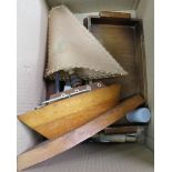 A BOX CONTAINING A WOODEN NOVELTY SAIL BOAT LAMP, a wooden tray, etc.