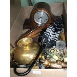 A BOX CONTAINING MANTEL CLOCKS, a selection of wooden items, etc.
