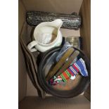 A BOX CONTAINING MEDAL RIBBONS, FLOWERS ALE JUG, and other various items