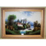 A REVERSE GLASS PAINTING 'Ferry to the Ruin', river landscape, most probably late Victorian, 39cm