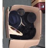 A BOX CONTAINING A SELECTION OF LADIES & GENTS CLOTHING, to include; dinner jackets, top hat &