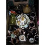 A BOX CONTAINING A SELECTION OF DOMESTIC POTTERY & GLASSWARE, to include Studio Pottery chocolate