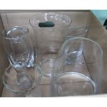 A BOX CONTAINING A SELECTION OF LARGE SIZED GLASS VASES