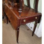 A 19TH CENTURY MAHOGANY PEMBROKE TABLE having twin opposing dummies, on four turned legs with