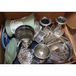 A BOX OF DOMESTIC ITEMS VARIOUS to include Wedgwood and silver plate