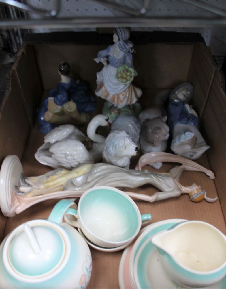 A BOX CONTAINING A SUSIE COOPER PART TEA SERVICE together with porcelain model, human and animals